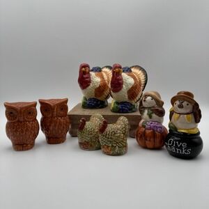 Thanksgiving Fall Salt and Pepper Shaker Lot Turkeys Owls Harvest 4 Sets Ceramic